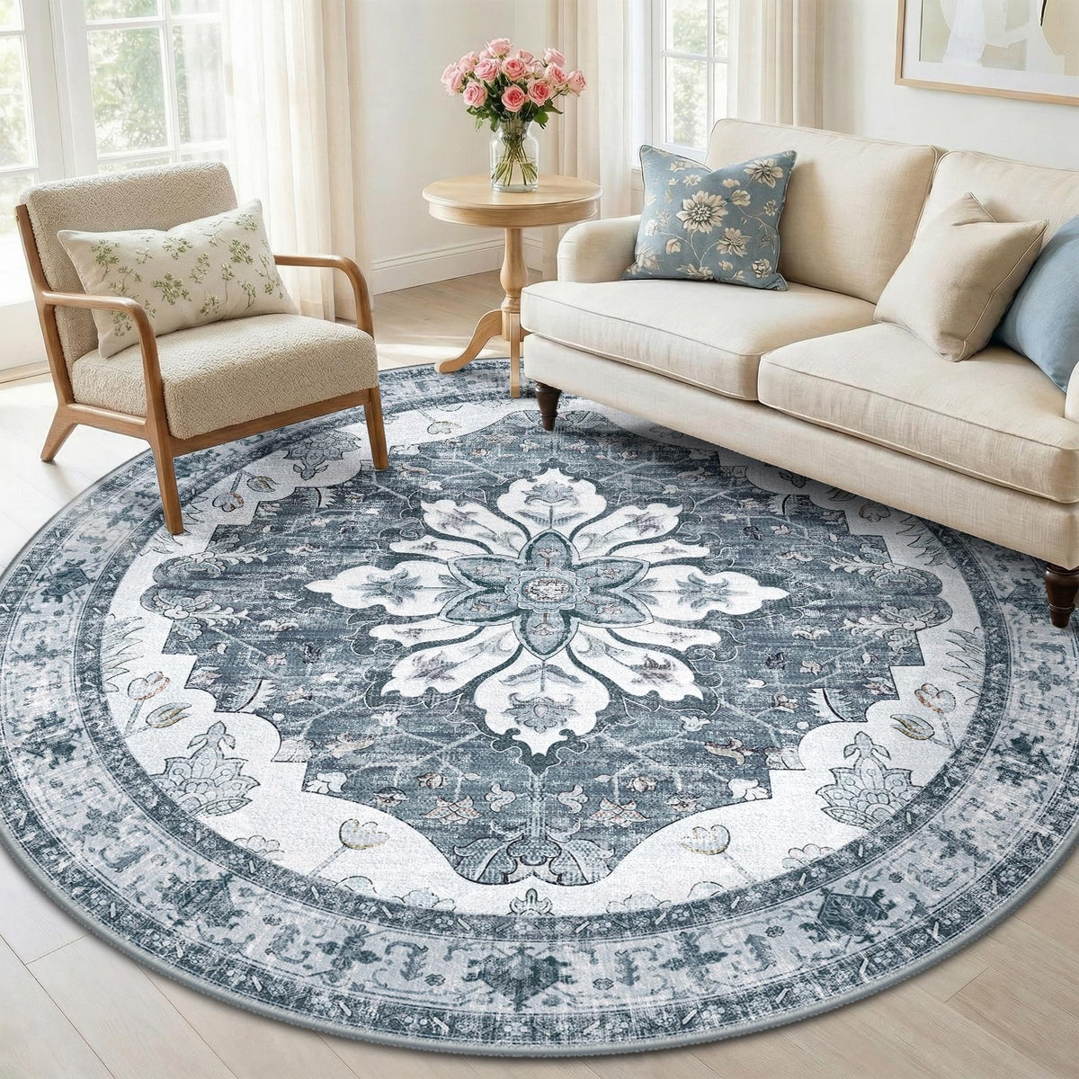 Washable Area Rug (Grey/White/Beige / 6' (Round))