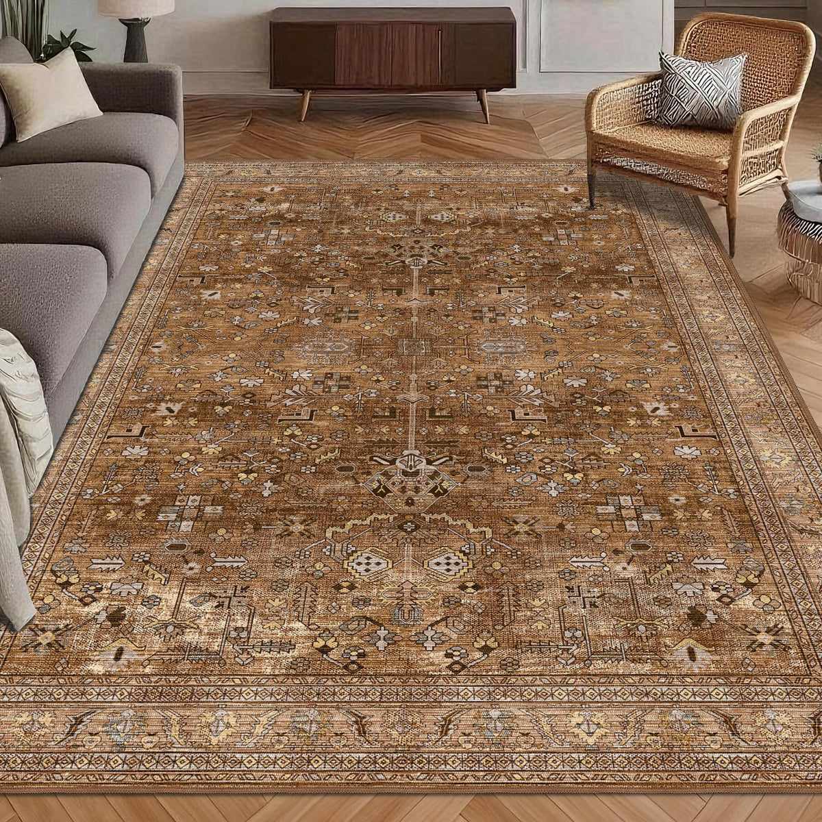 Washable Area Rug 4' x 6' Vintage Traditional Persian Mat (Bronze and Ivory / 4' x 6' (Rectangular))