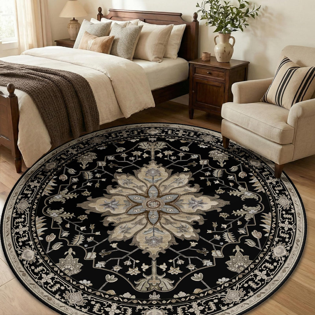 Washable Area Rug (Black/Neutral / 6' (Round))