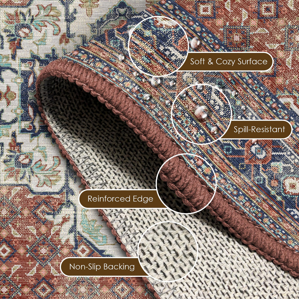 Washable Area Rug 9' x 12' Vintage Traditional Persian Mat (Terracotta and Navy / 9' x 12' (Rectangular))