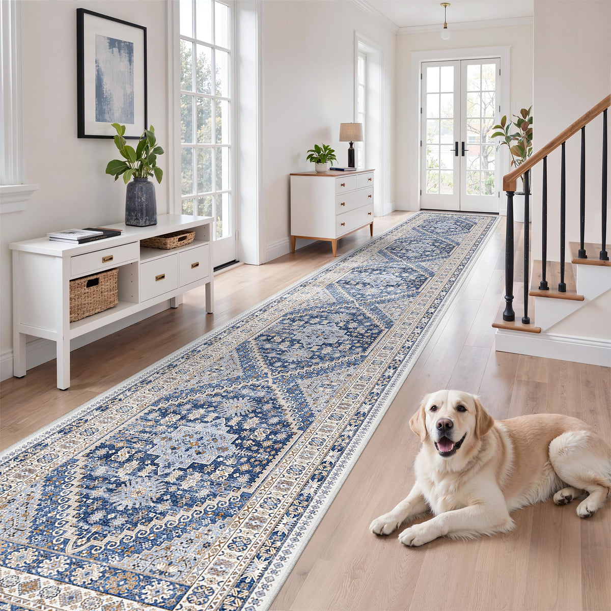 2'6 x 16' Runner Rug Non Slip (Blue/Beige / 2'6" x 16' (Runner))