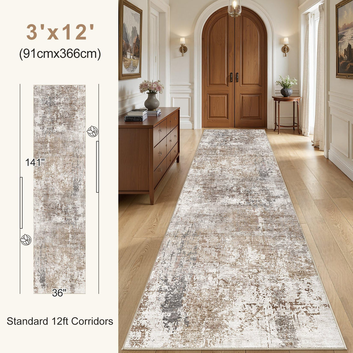 3x12 Washable Runner Rug for Hallway (Brown/Grey/Red / 3' x 12' (Runner))
