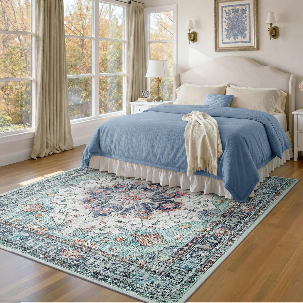 Washable Area Rug (Teal Green/White/Navy / 6' x 6' (Square))