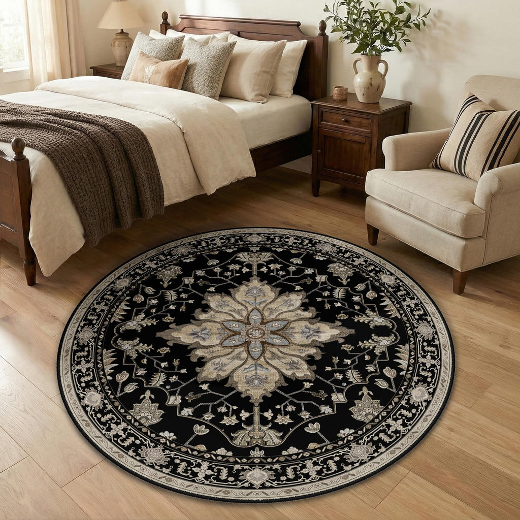 Washable Area Rug (Black/Neutral / 4' (Round))