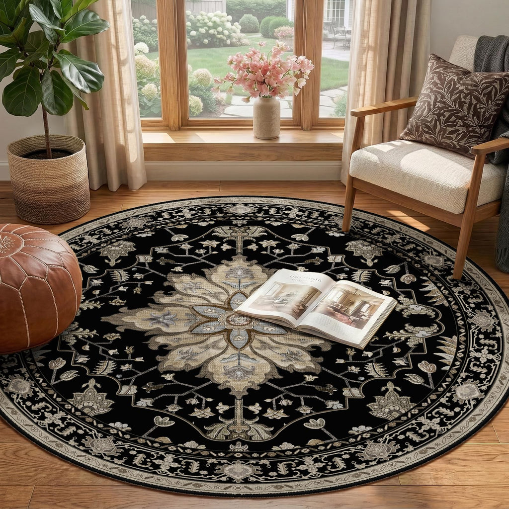 Washable Area Rug (Black/Neutral / 4' (Round))