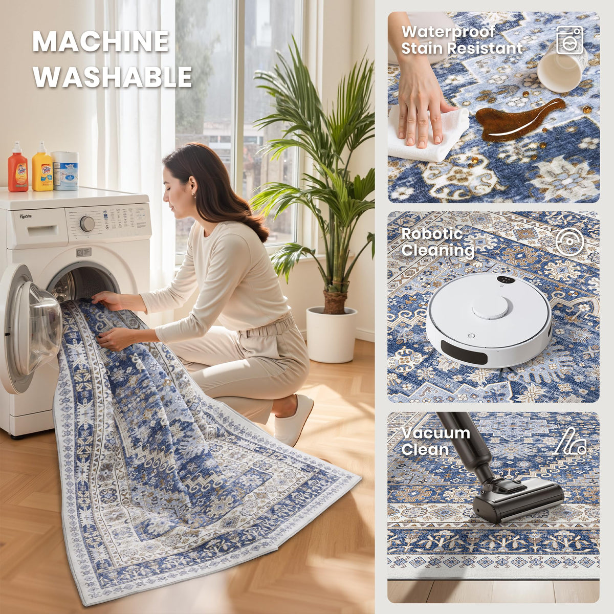 2'6 x 16' Runner Rug Non Slip (Blue/Beige / 2'6" x 16' (Runner))
