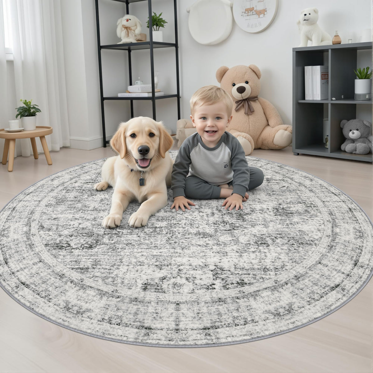 Round Area Rug Living Room (Retro Black Grey / 5' (Round))