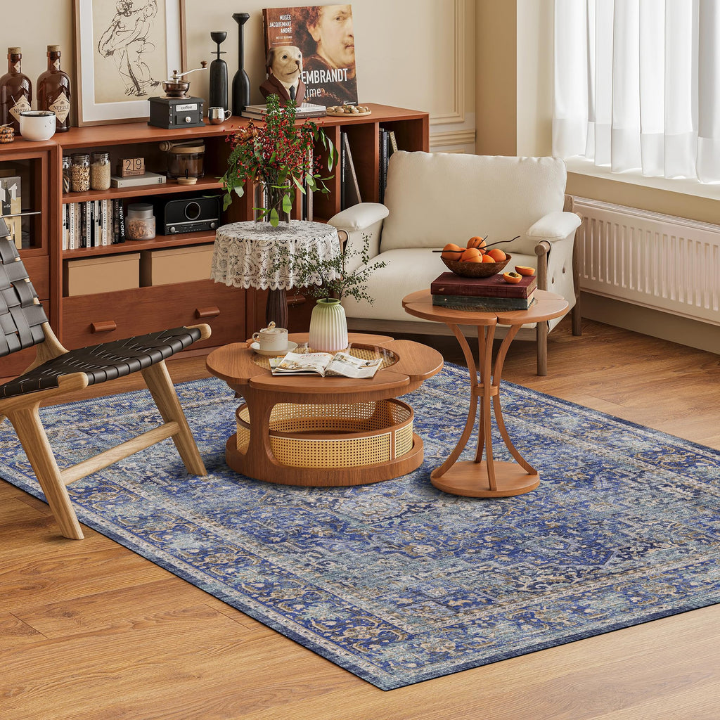 Washable Area Rug 3' x 5 ' Vintage Traditional Persian Mat (Indigo and Gold / 3' x 5' (Rectangular))