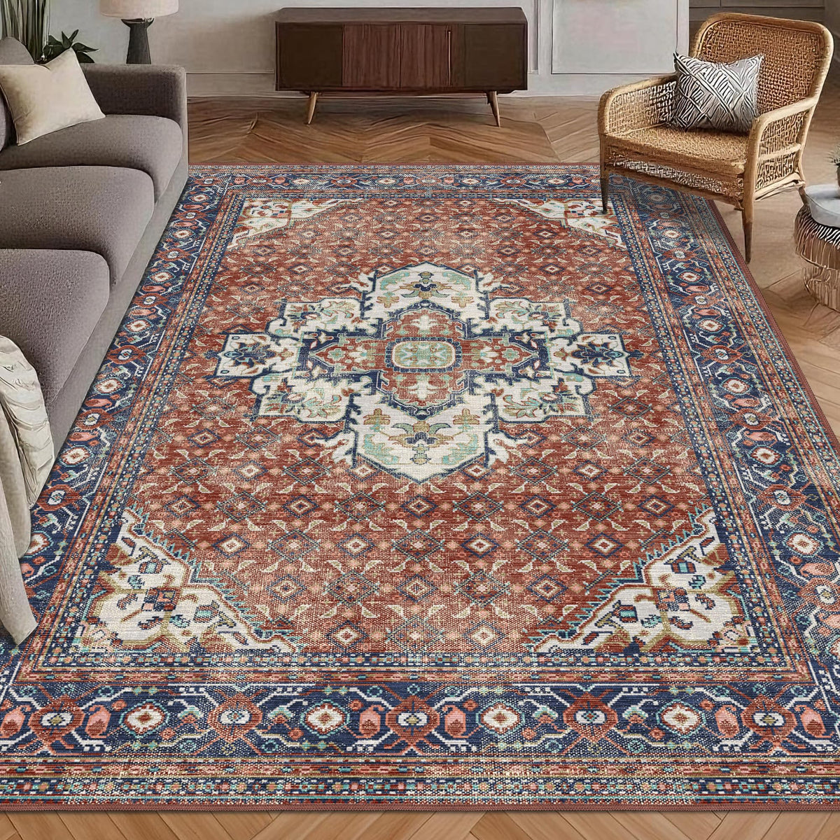 Washable Area Rug 9' x 12' Vintage Traditional Persian Mat (Terracotta and Navy / 9' x 12' (Rectangular))