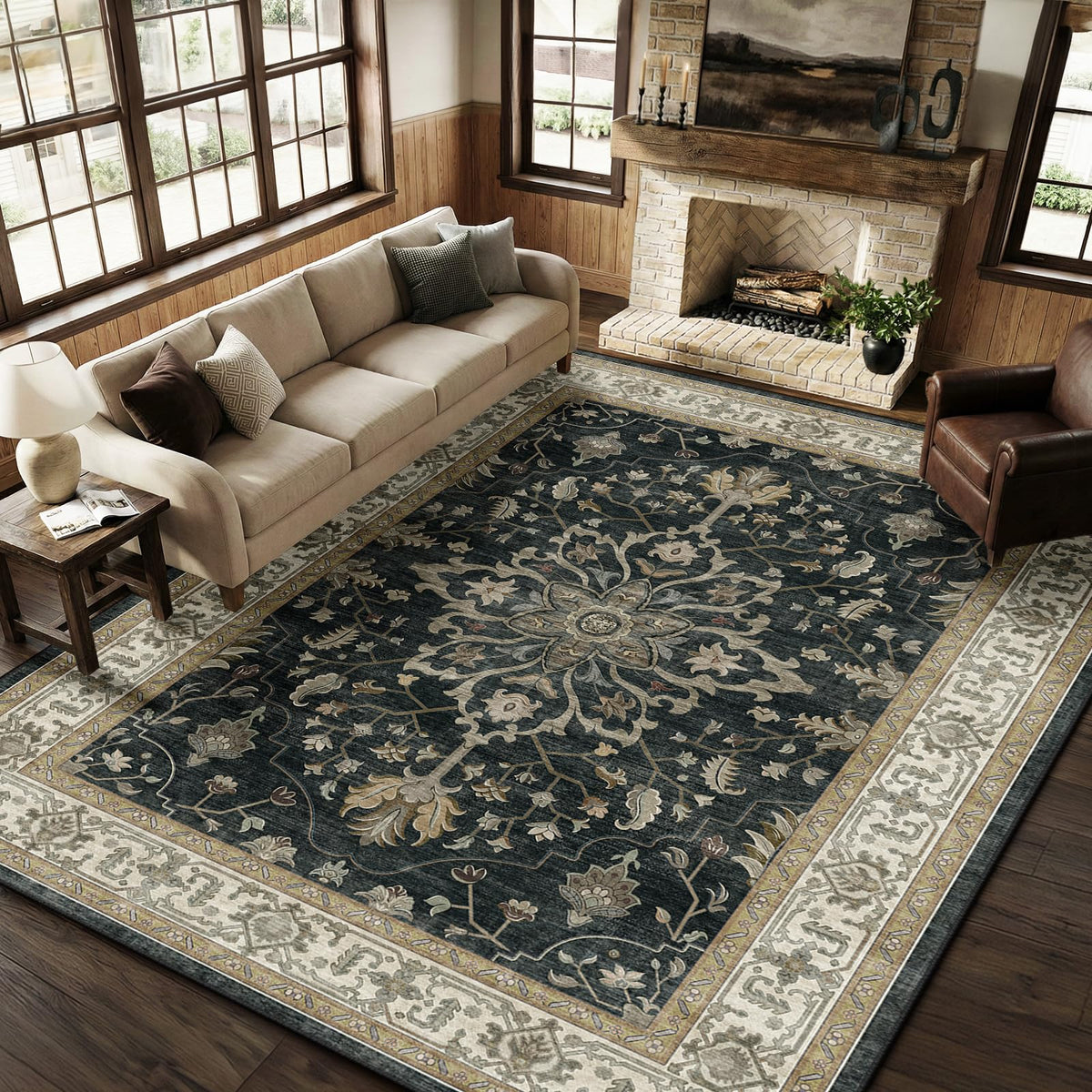 Washable Area Rug (Black/Vintage/Beige / 8' x 10' (Rectangular))