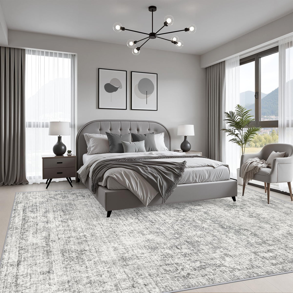 5x7 Area Rug Living Room (Retro Black Grey / 5' x 7' (Rectangular))