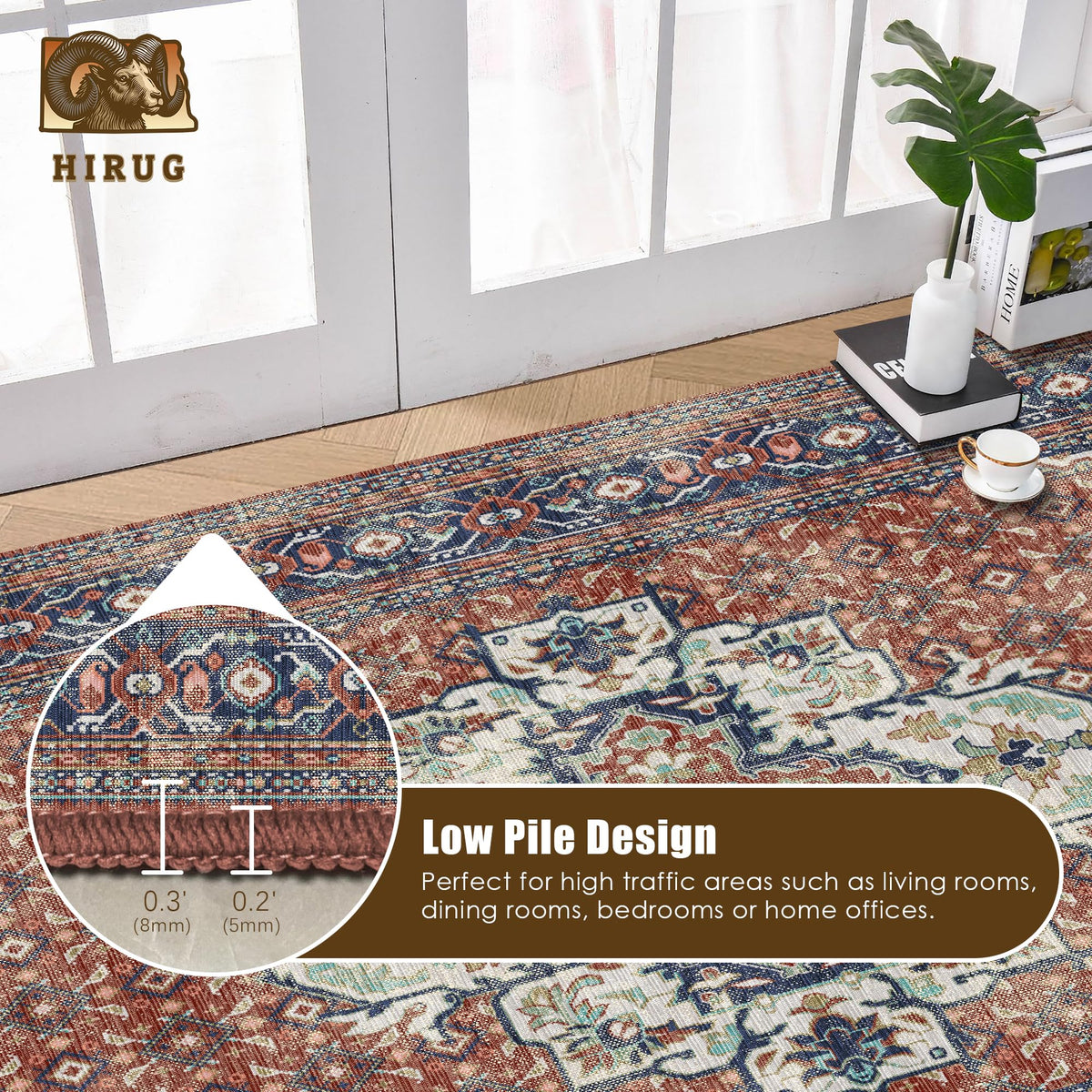 Washable Area Rug 9' x 12' Vintage Traditional Persian Mat (Terracotta and Navy / 9' x 12' (Rectangular))