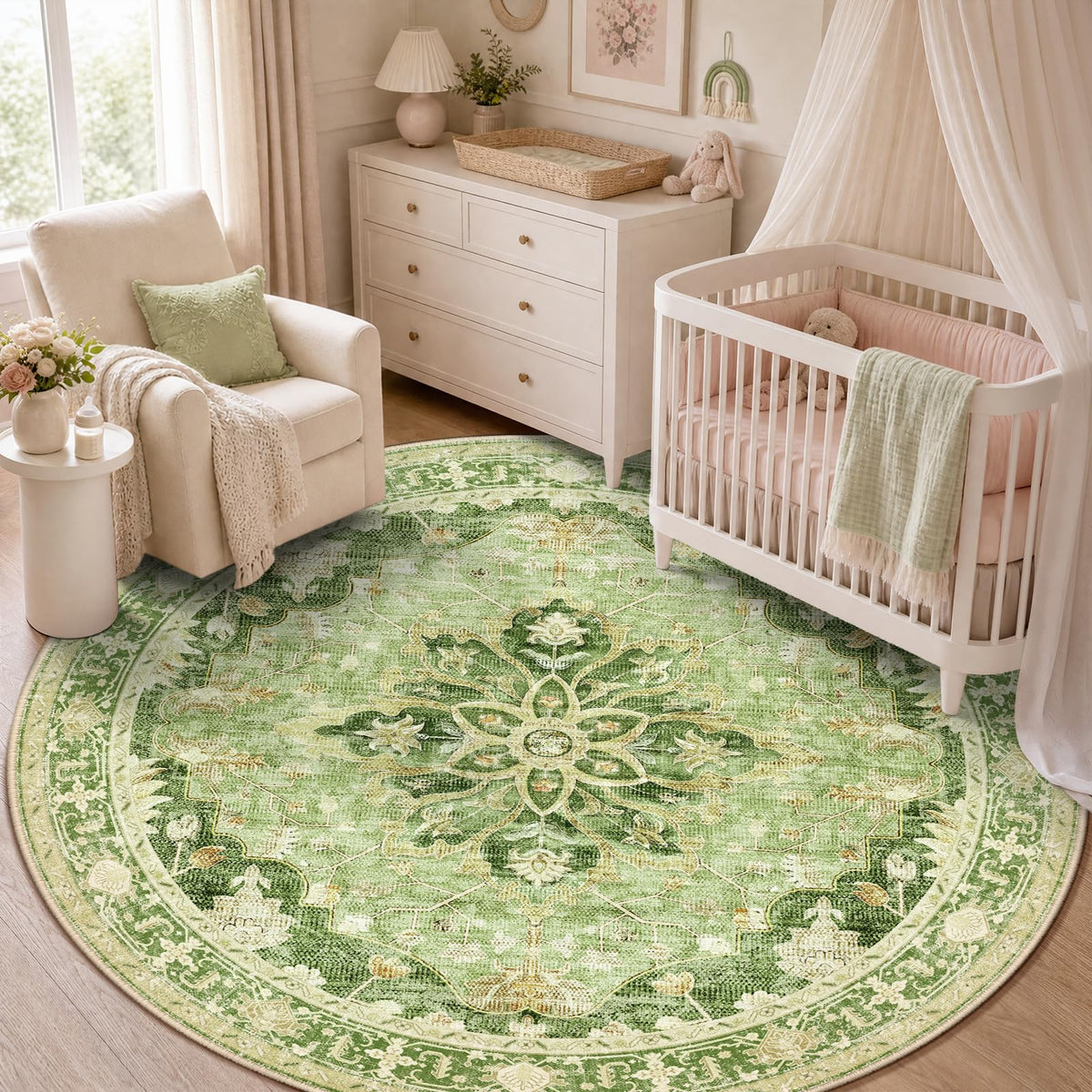 Washable Area Rug (Green/Yellow / 5' (Round))
