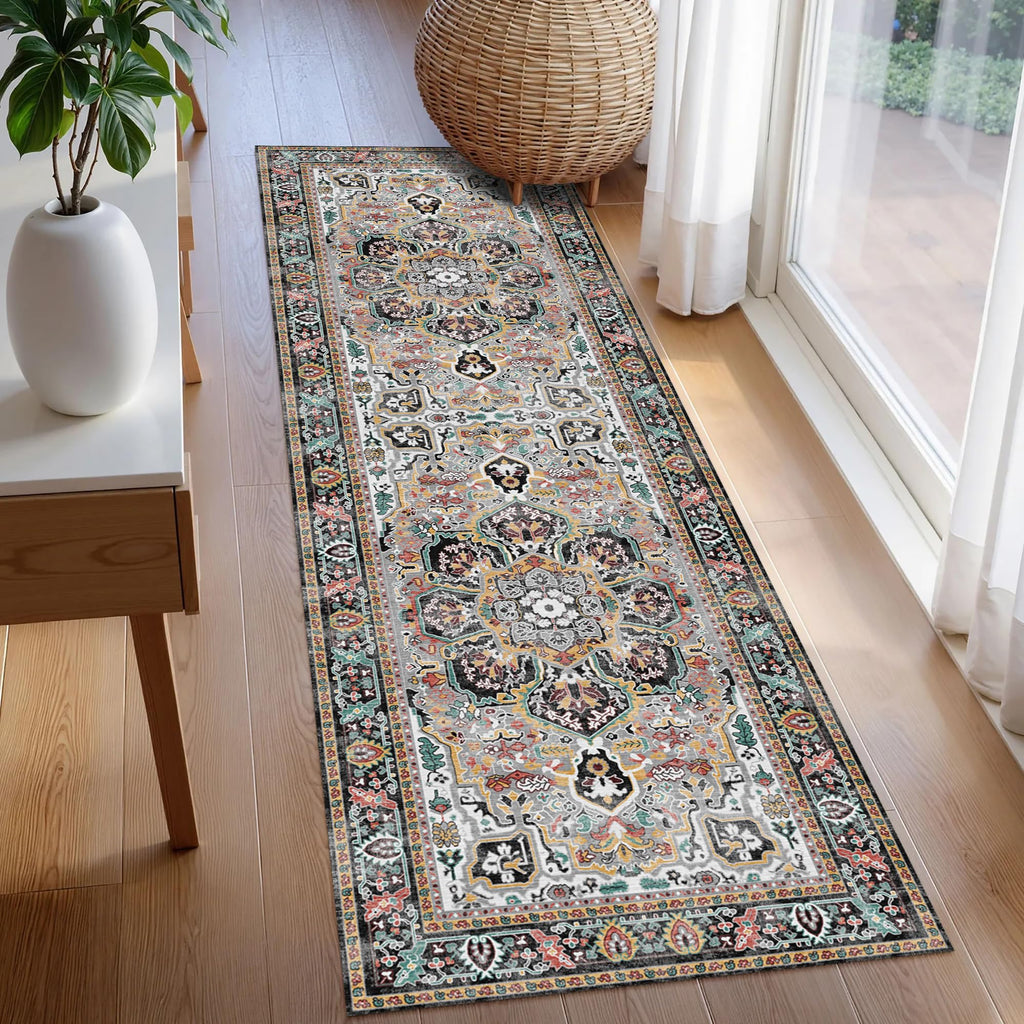 Washable Area Rug 2'6'' x 8' Vintage Traditional Persian Mat (Slate and Multicolor / 2'6" x 8' (Rectangular))