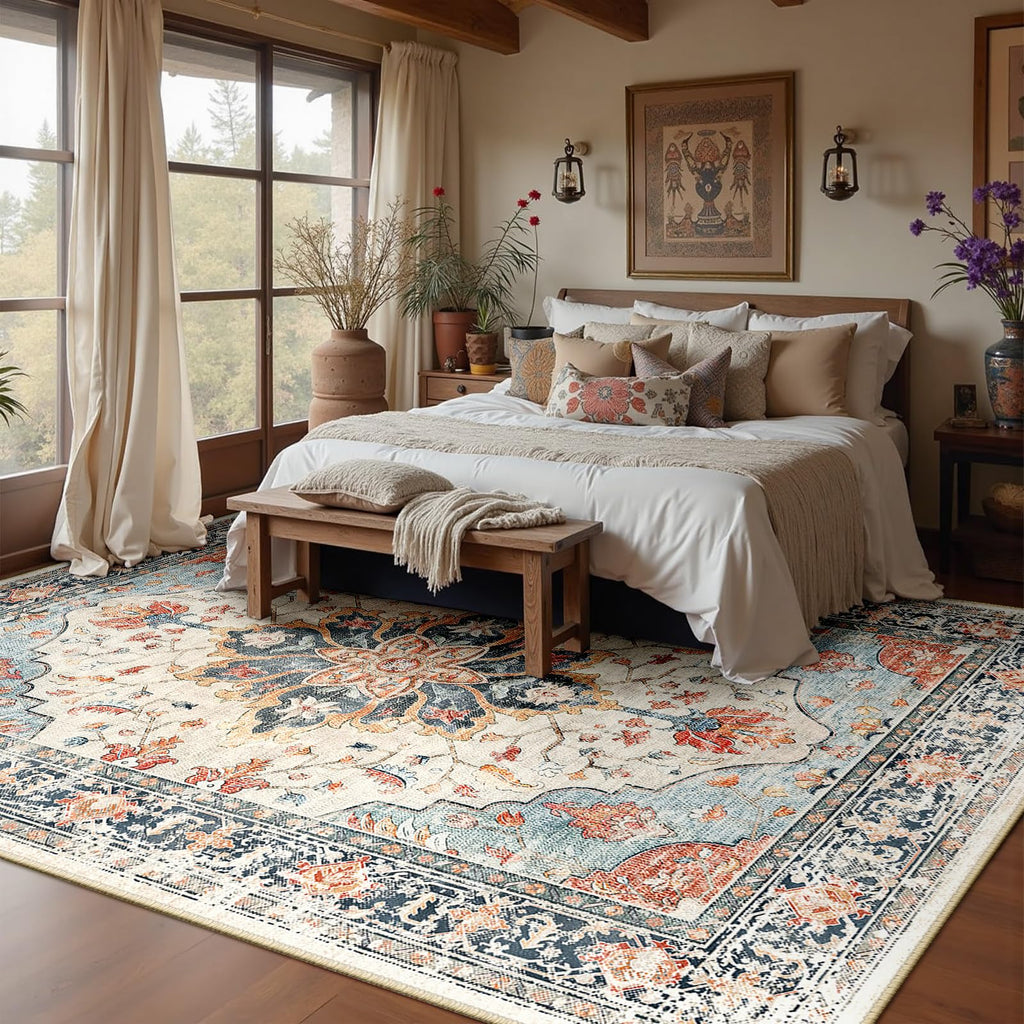 Washable Area Rug (Beige/Blue/Orange / 5' x 8' (Rectangular))
