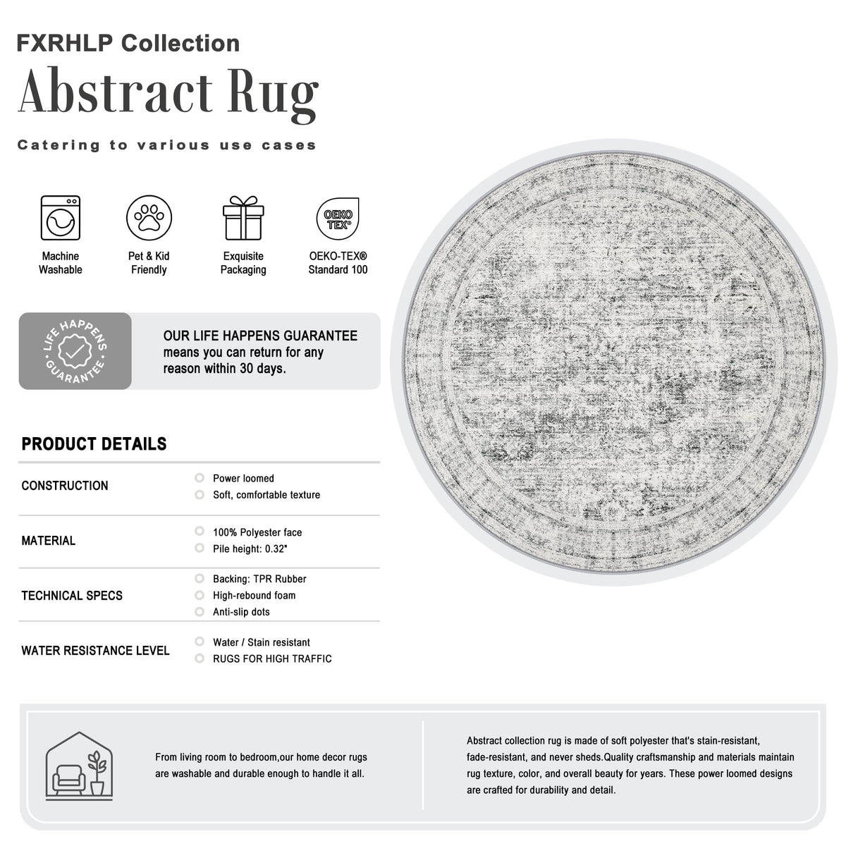 Round Area Rug Living Room (Retro Black Grey / 5' (Round))
