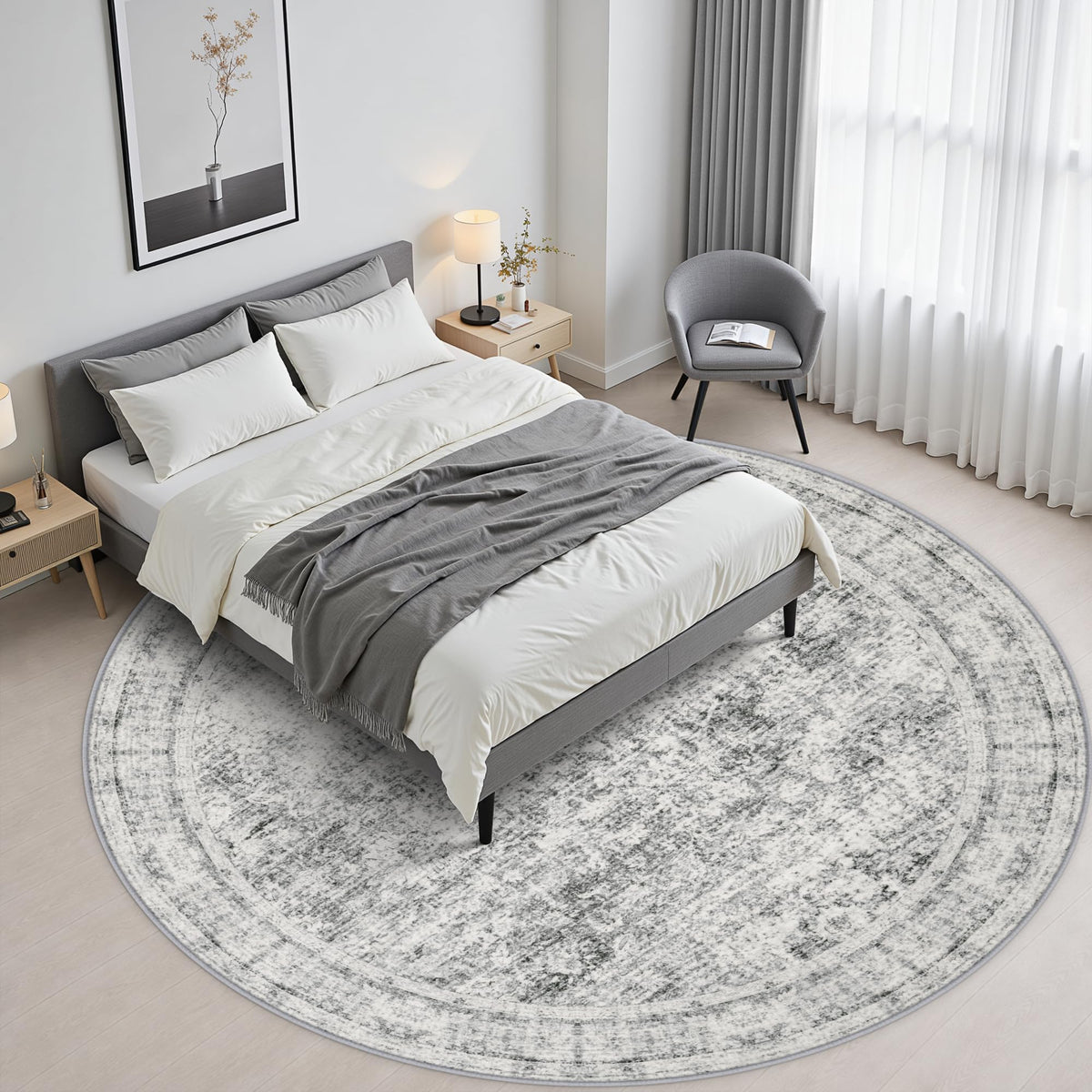 Round Area Rug Living Room (Retro Black Grey / 5' (Round))