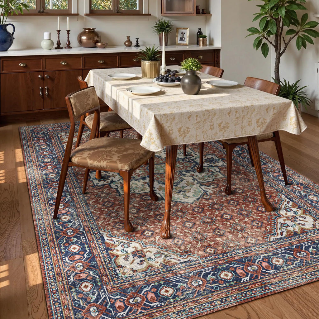 Washable Area Rug 9' x 12' Vintage Traditional Persian Mat (Terracotta and Navy / 9' x 12' (Rectangular))