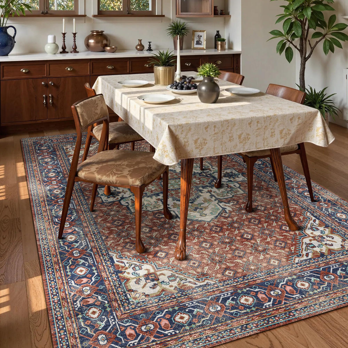 Washable Area Rug 9' x 12' Vintage Traditional Persian Mat (Terracotta and Navy / 9' x 12' (Rectangular))