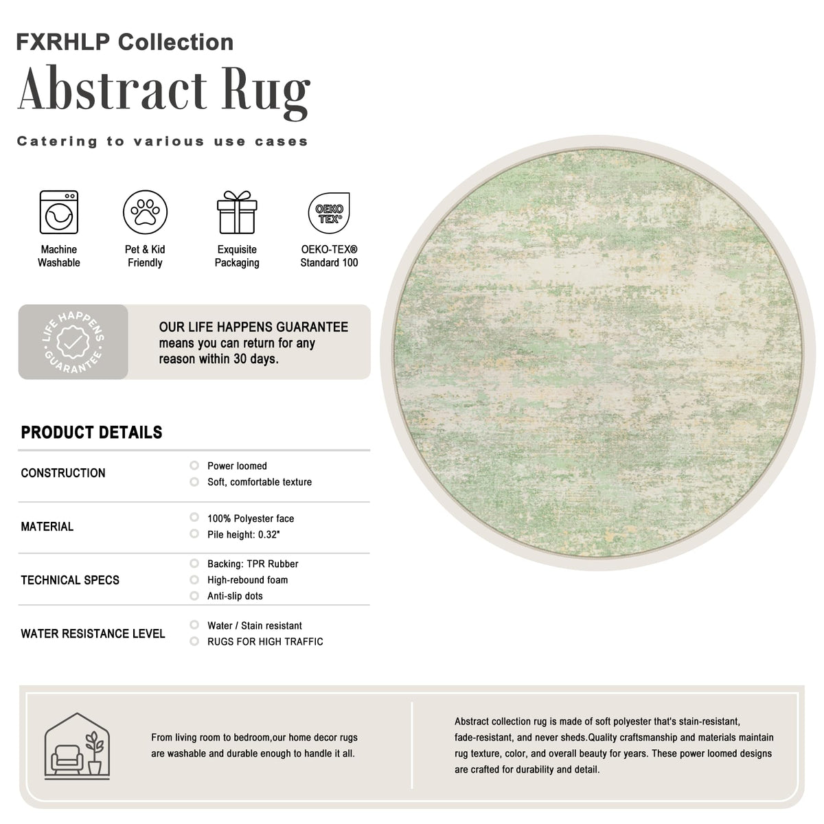 Round Area Rug Living Room (Green Cream / 4' (Round))
