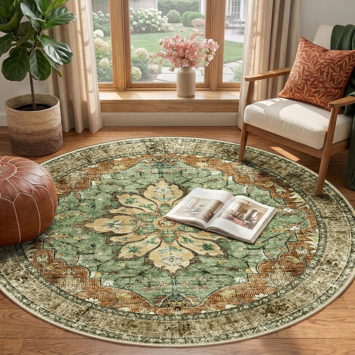 Washable Area Rug (Brick/Brown/Green / 4' (Round))