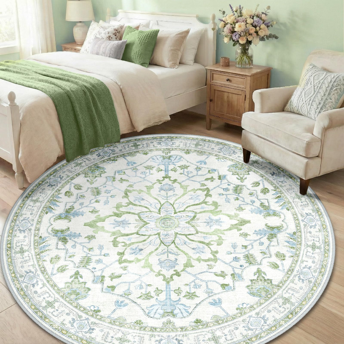 Washable Area Rug (Green/White/Blue / 6' (Round))