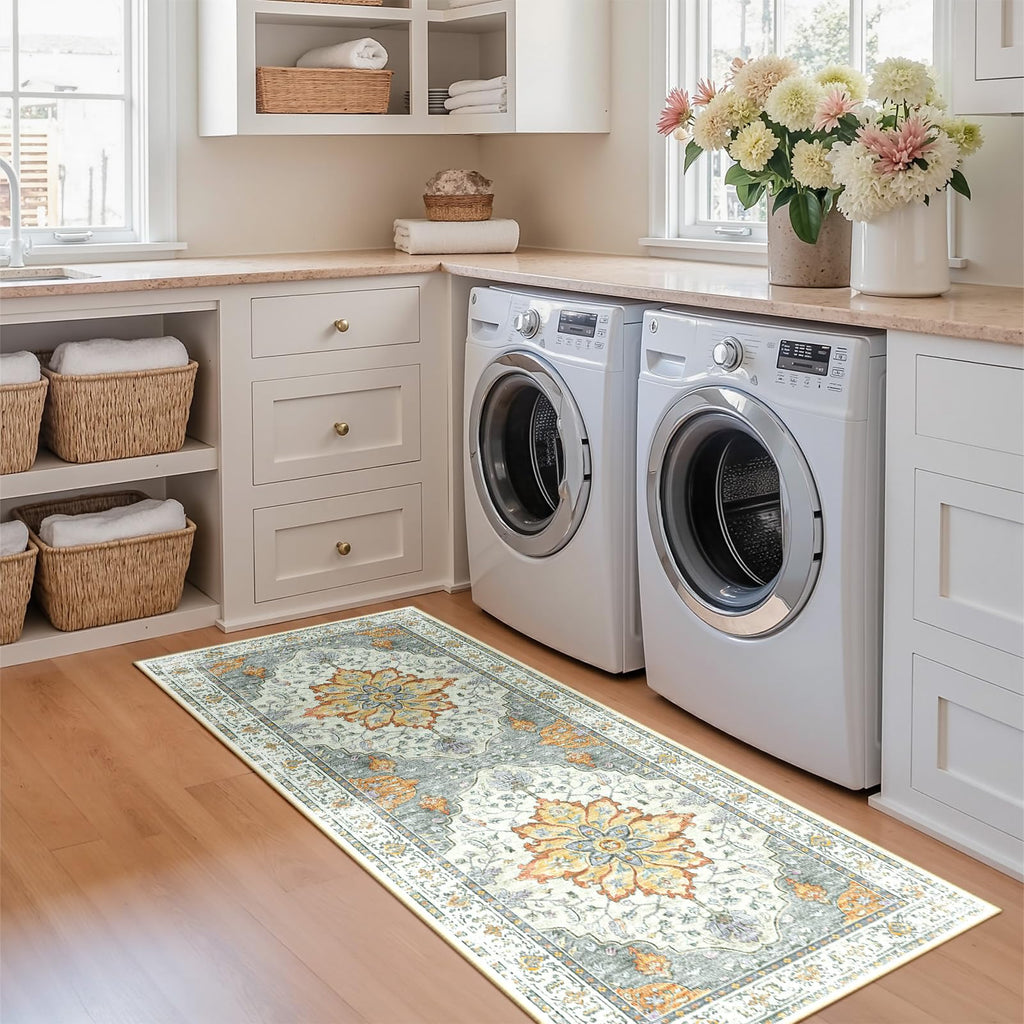 Washable Area Rug (Beige/Carbon Grey/Orange / 2' x 5' (Rectangular))