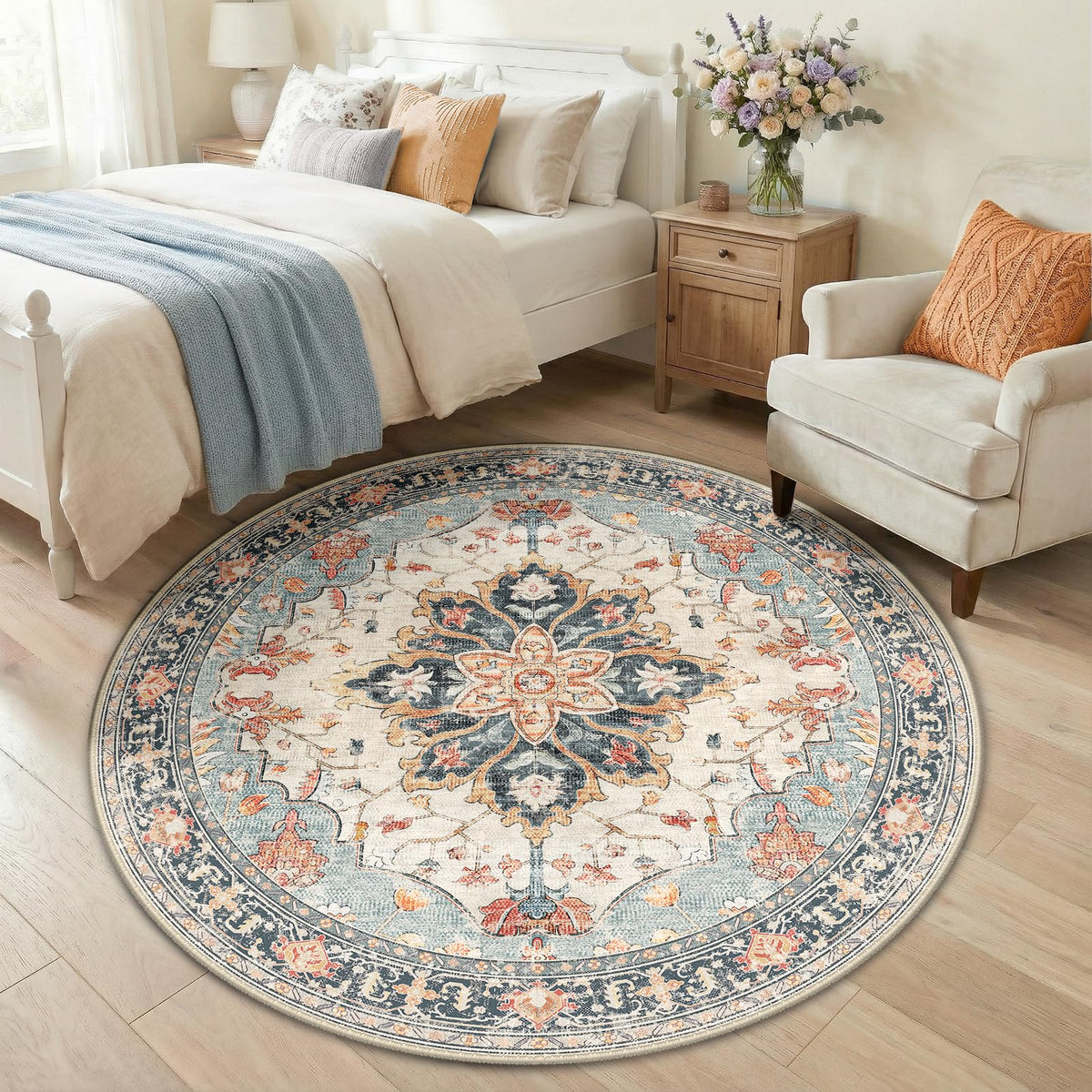 Washable Area Rug (Beige/Blue/Orange / 5' (Round))