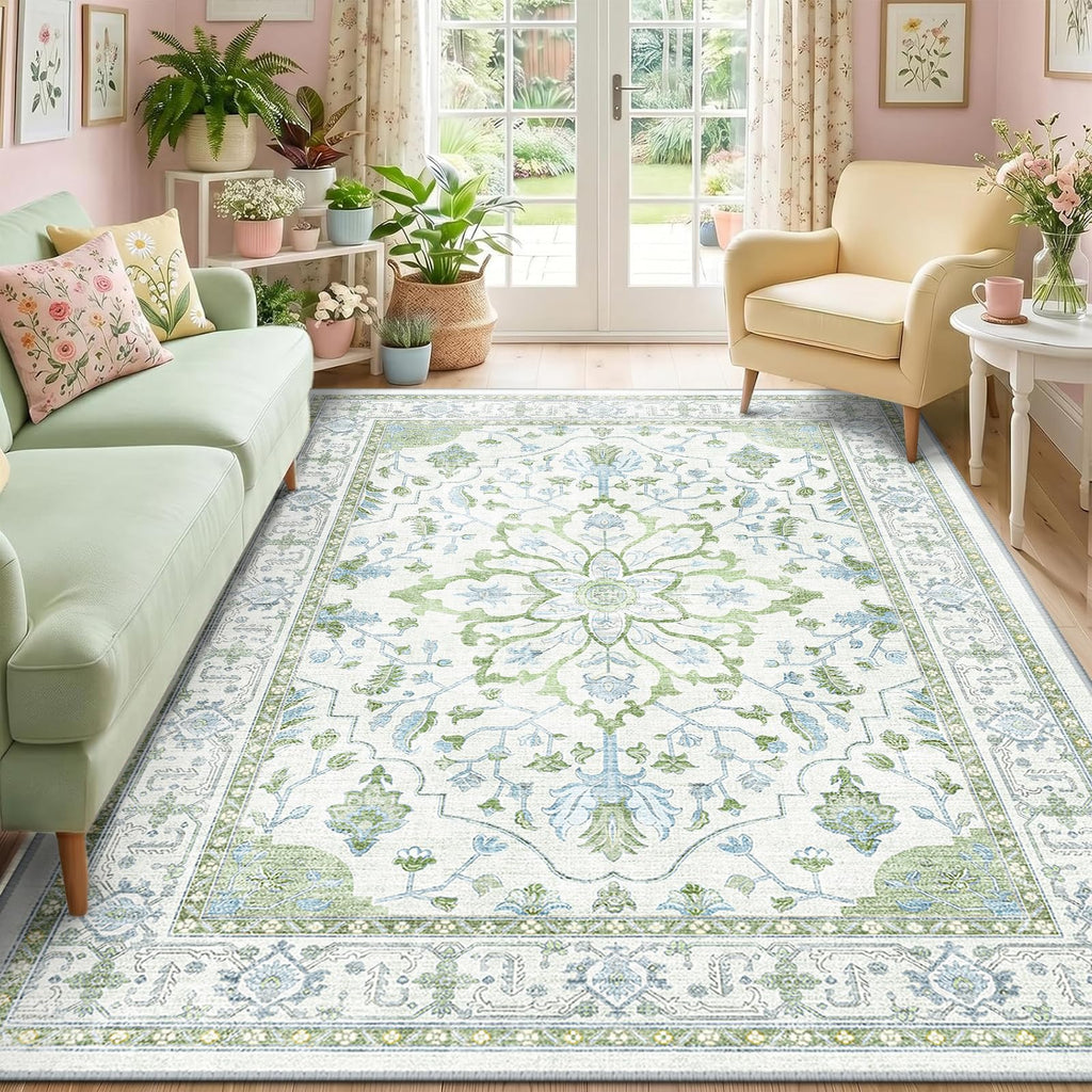 Washable Area Rug (Green/White/Blue / 6' x 9' (Rectangular))