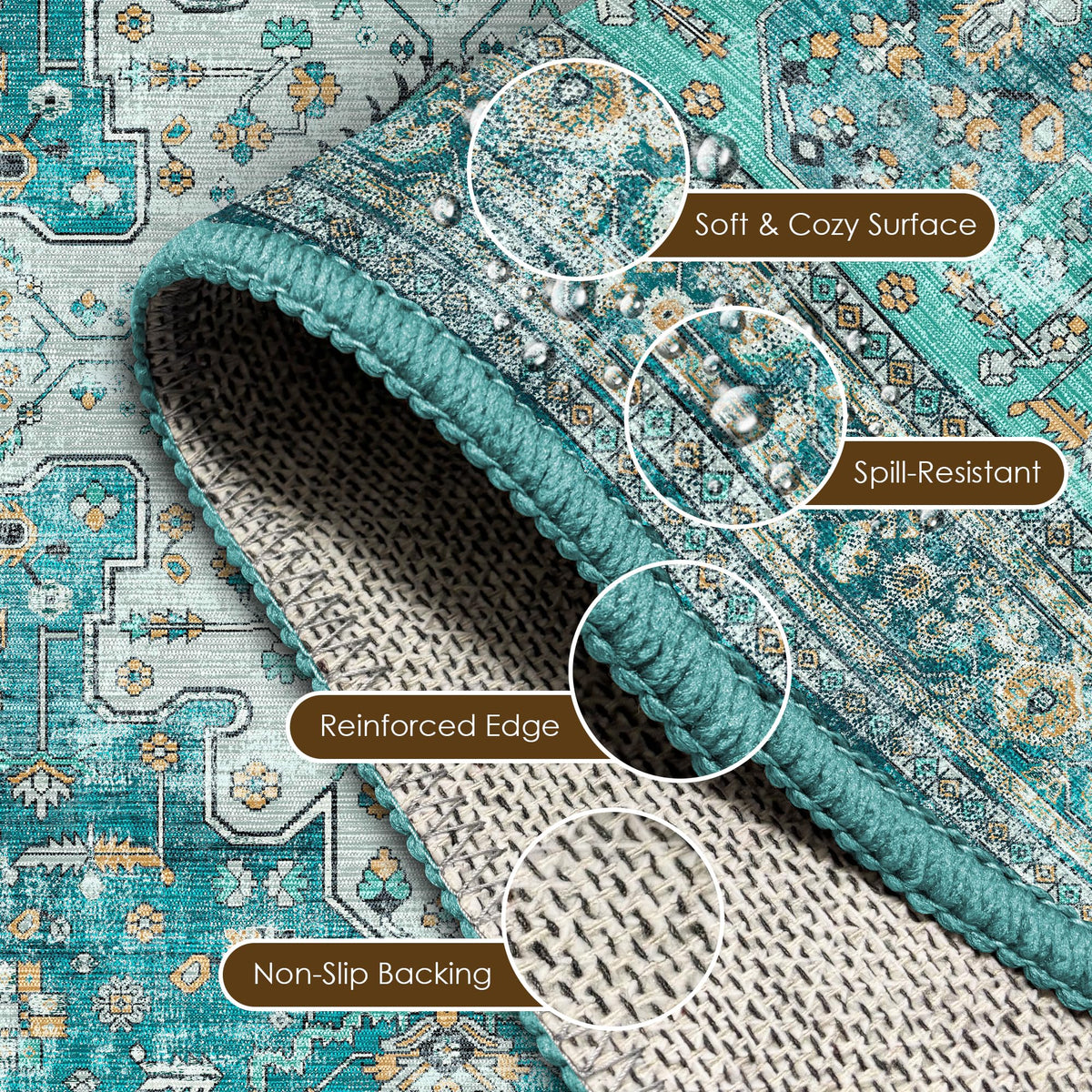 Washable Area Rug 4' x 6' Vintage Traditional Persian Mat (Teal and Gold / 4' x 6' (Rectangular))