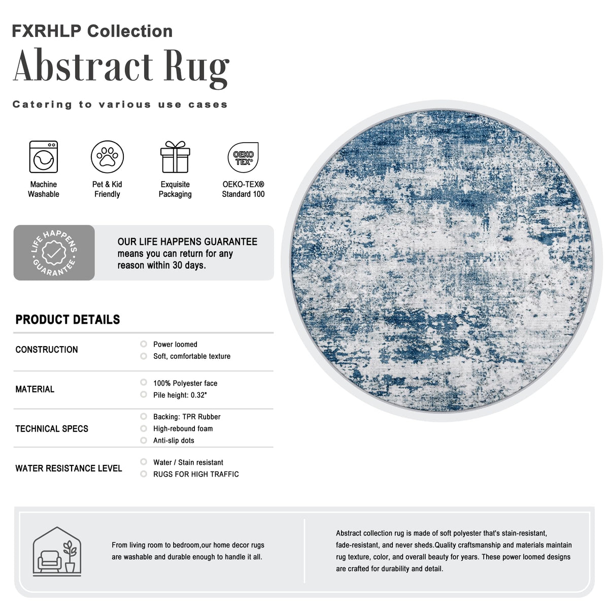 Round Area Rug Living Room (Blue / 4' (Round))
