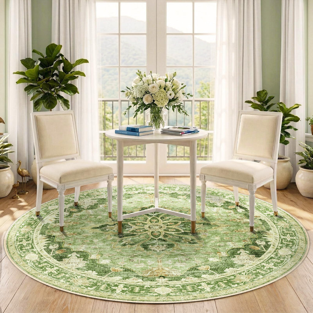 Washable Area Rug (Green/Yellow / 5' (Round))
