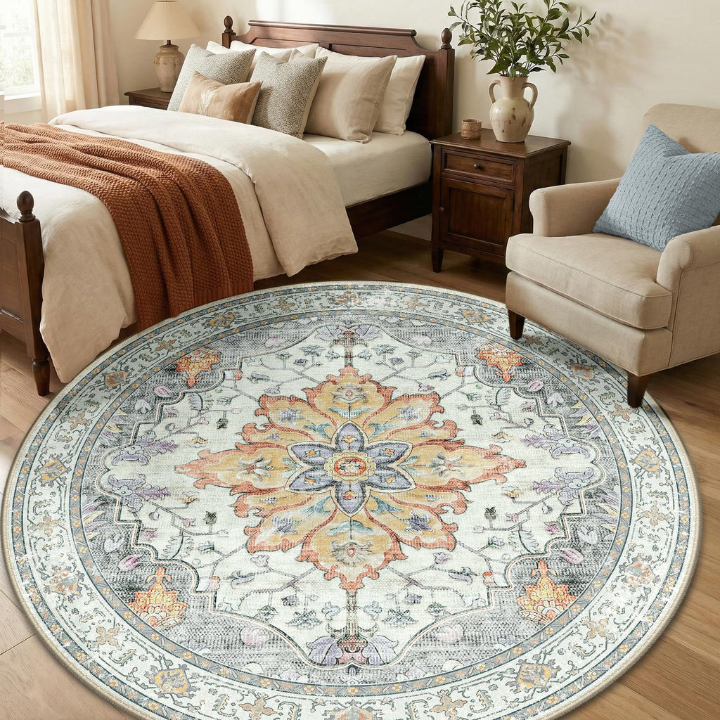 Washable Area Rug (Beige/Carbon Grey/Orange / 6' (Round))