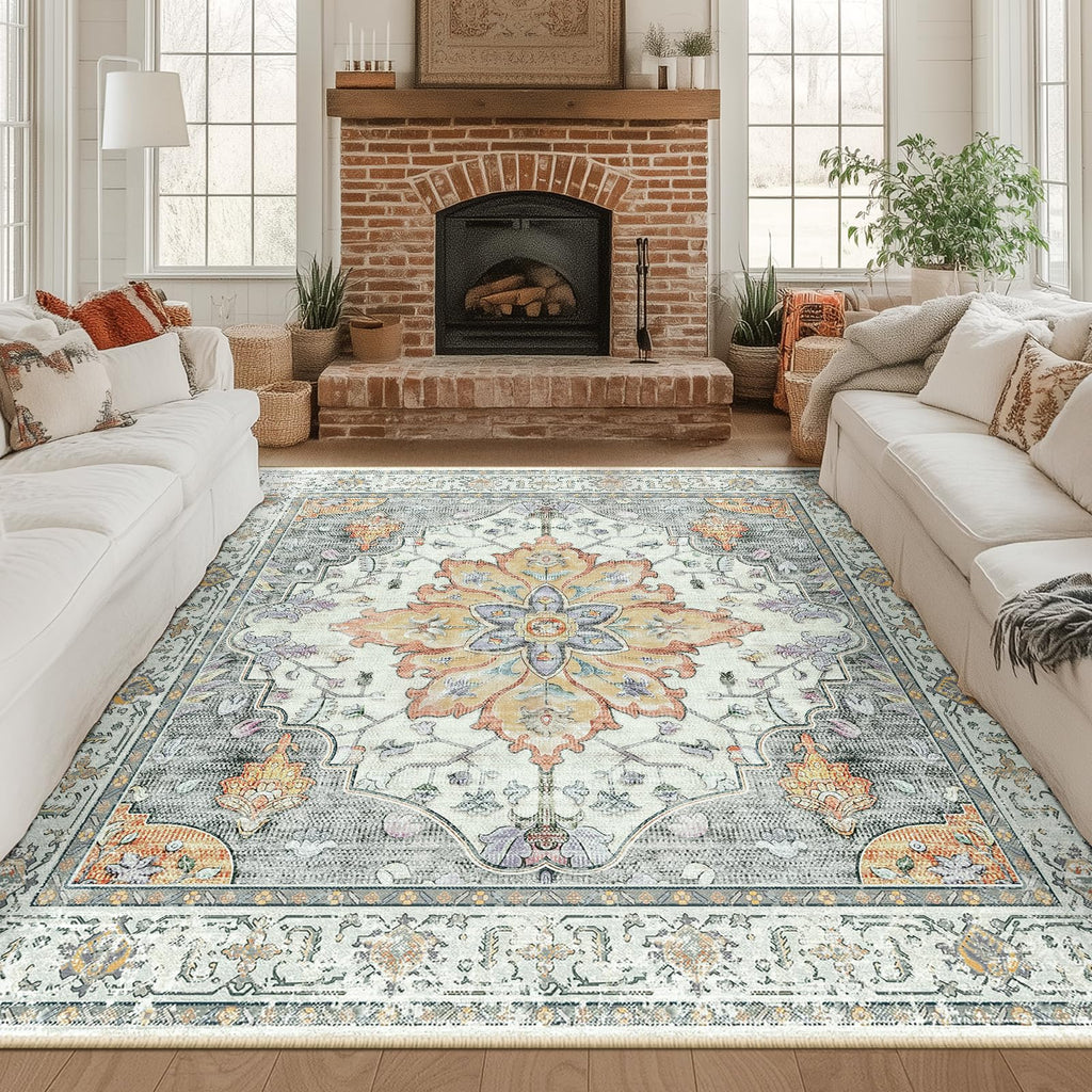 Washable Area Rug (Beige/Carbon Grey/Orange / 8' x 8' (Square))