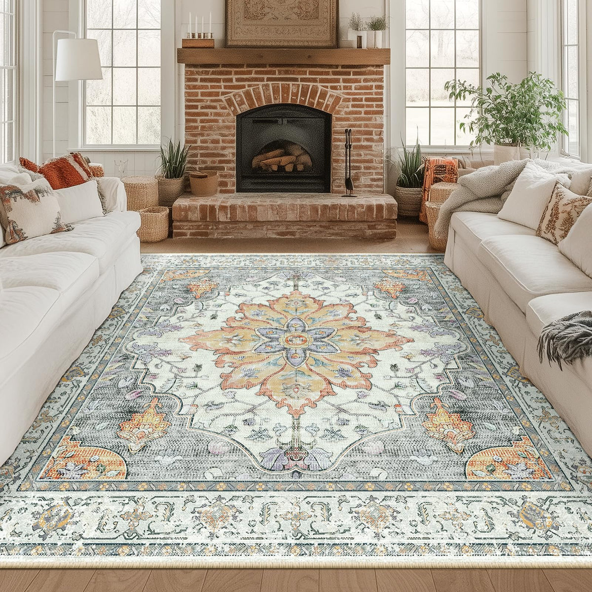 Washable Area Rug (Beige/Carbon Grey/Orange / 8' x 8' (Square))