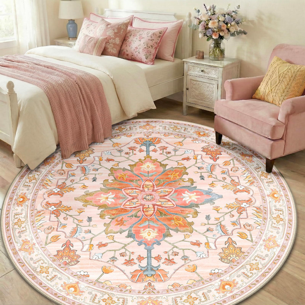 Washable Area Rug (Pink/Light Pink/Colorful / 6' (Round))
