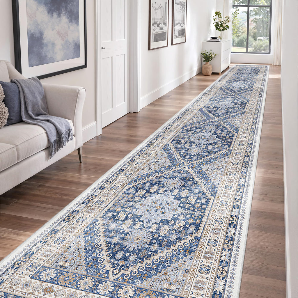 2'6 x 16' Runner Rug Non Slip (Blue/Beige / 2'6" x 16' (Runner))