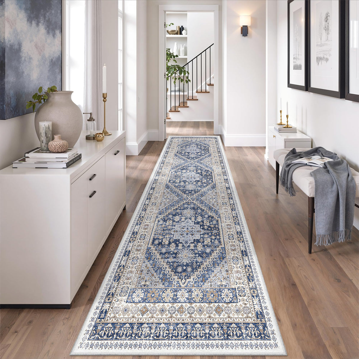 2'6 x 8' Runner Rug Non Slip (Blue/Beige / 2'6" x 8' (Runner))
