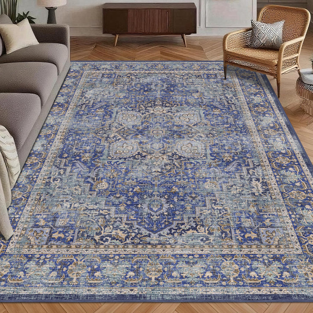 Washable Area Rug 3' x 5 ' Vintage Traditional Persian Mat (Indigo and Gold / 3' x 5' (Rectangular))