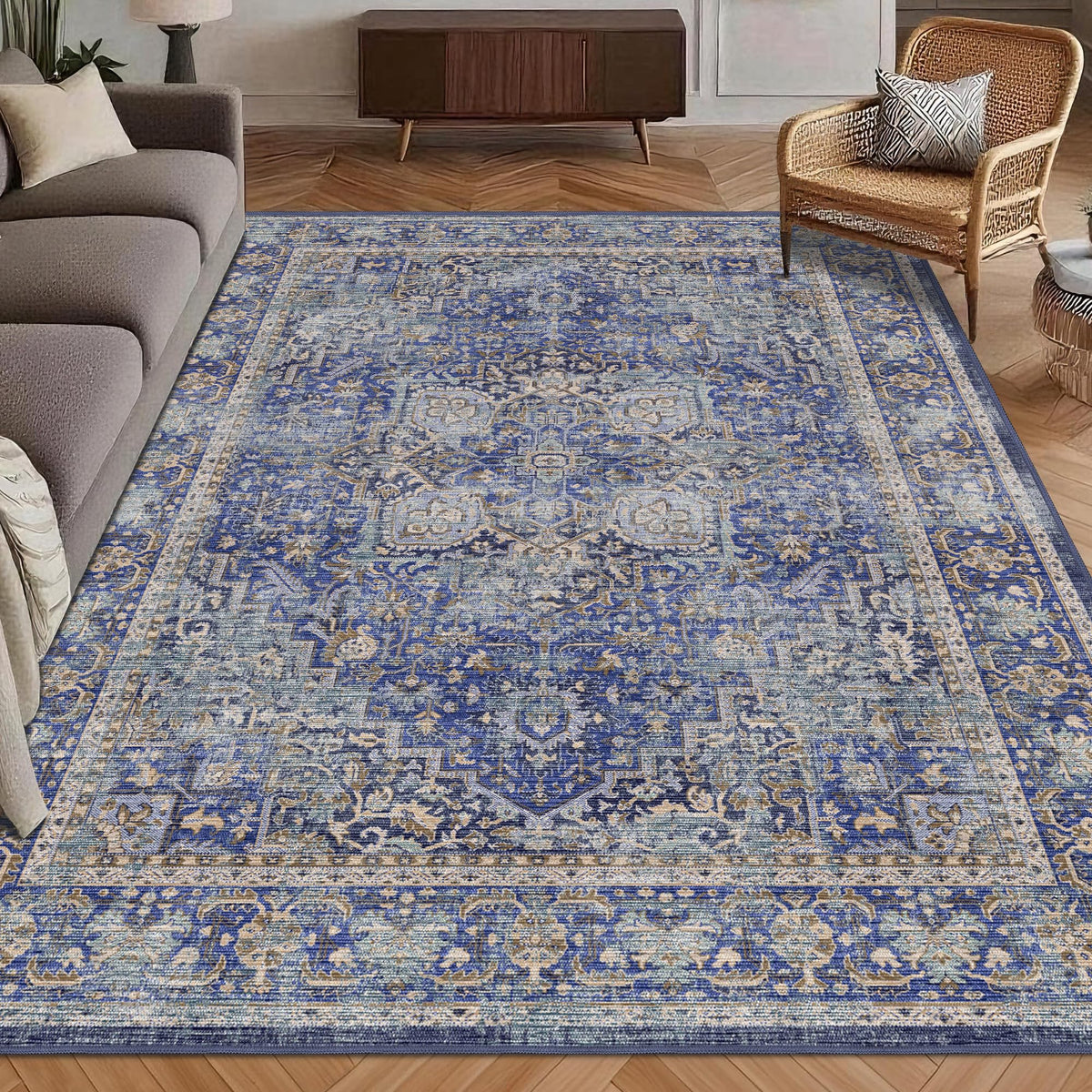 Washable Area Rug 3' x 5 ' Vintage Traditional Persian Mat (Indigo and Gold / 3' x 5' (Rectangular))