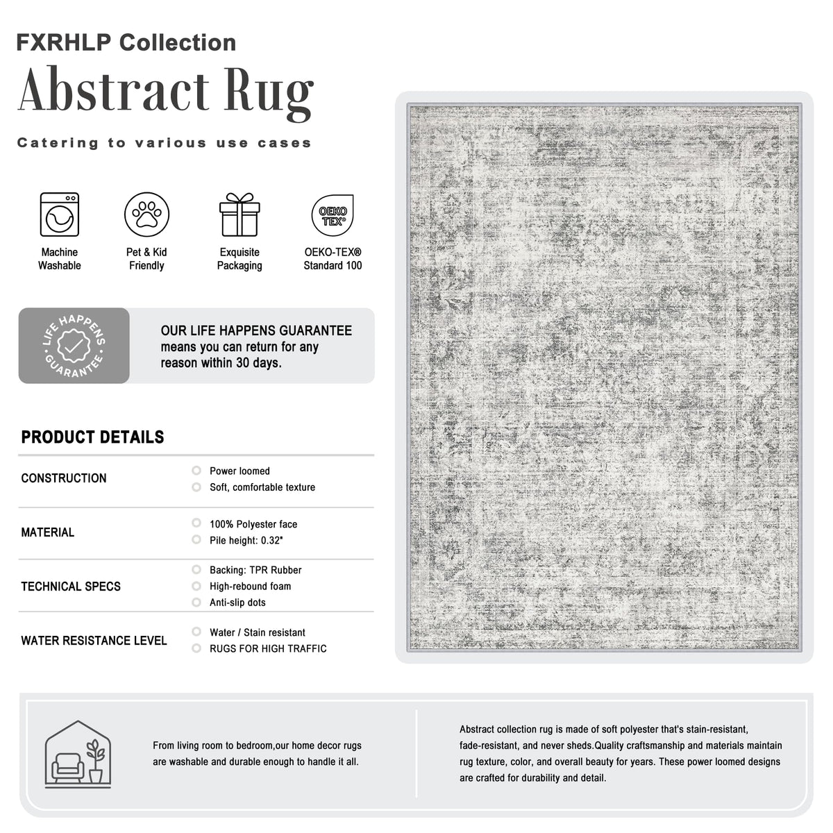 5x7 Area Rug Living Room (Retro Black Grey / 5' x 7' (Rectangular))