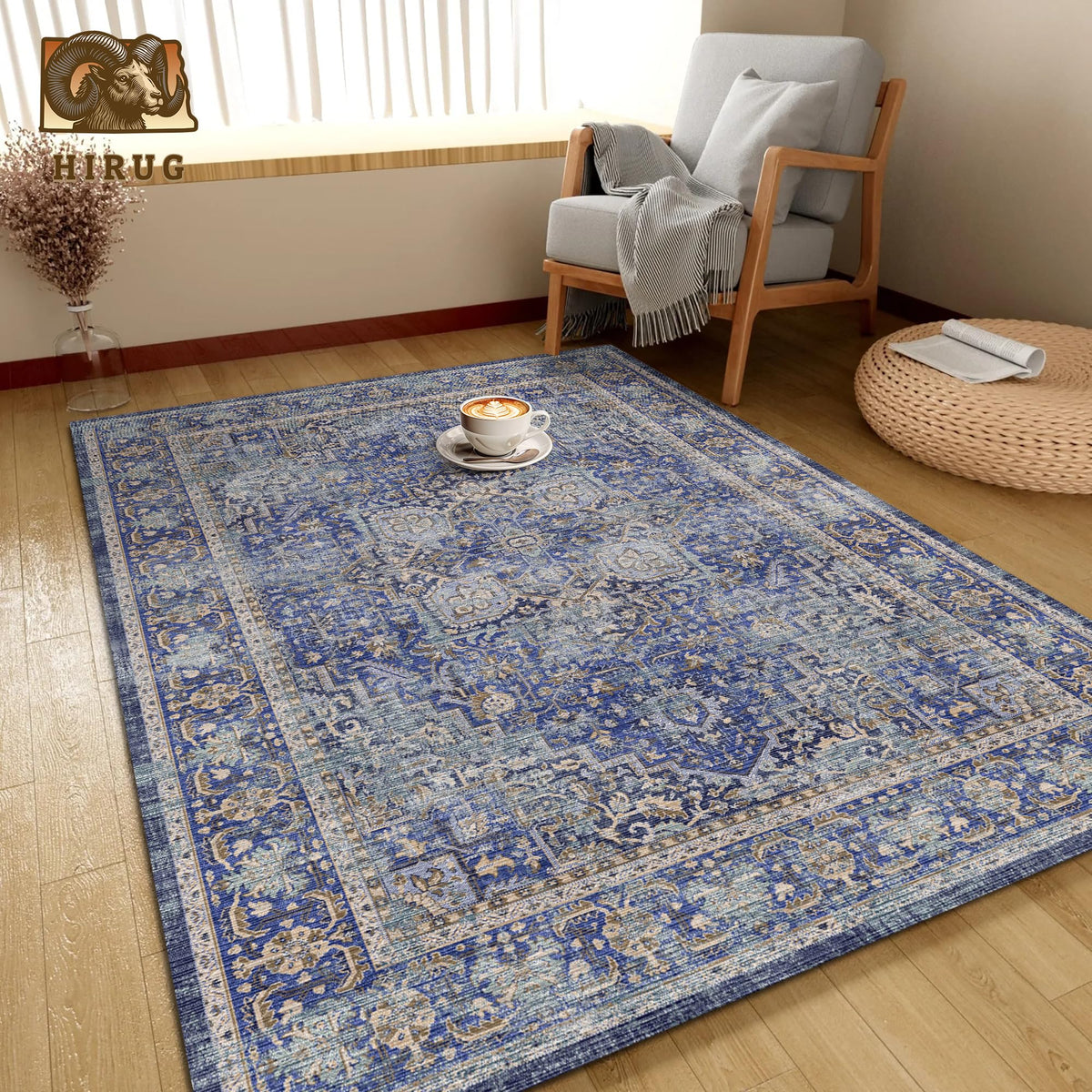 Washable Area Rug 3' x 5 ' Vintage Traditional Persian Mat (Indigo and Gold / 3' x 5' (Rectangular))