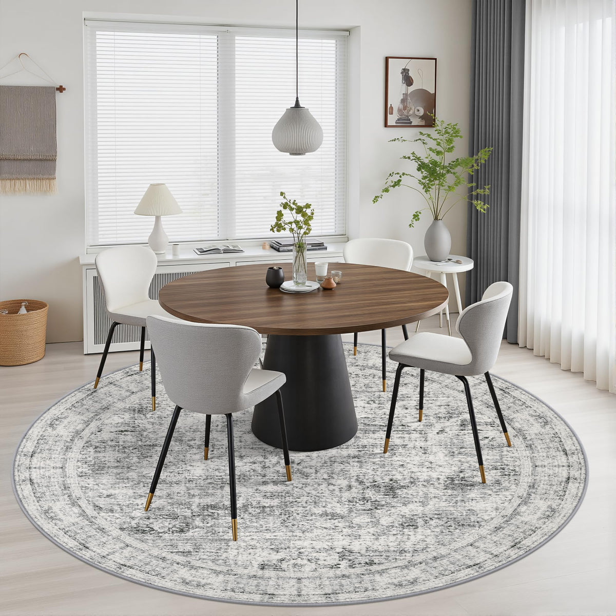 Round Area Rug Living Room (Retro Black Grey / 5' (Round))