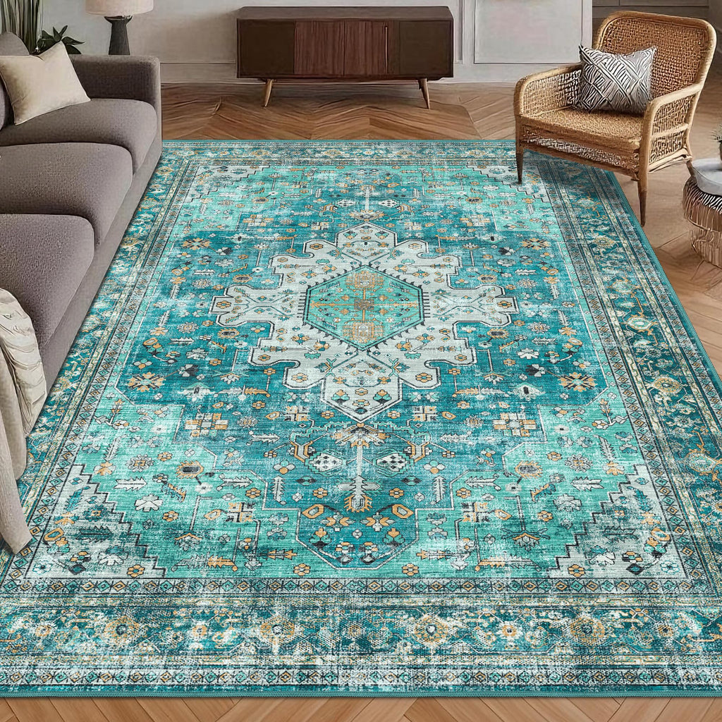 Washable Area Rug 4' x 6' Vintage Traditional Persian Mat (Teal and Gold / 4' x 6' (Rectangular))