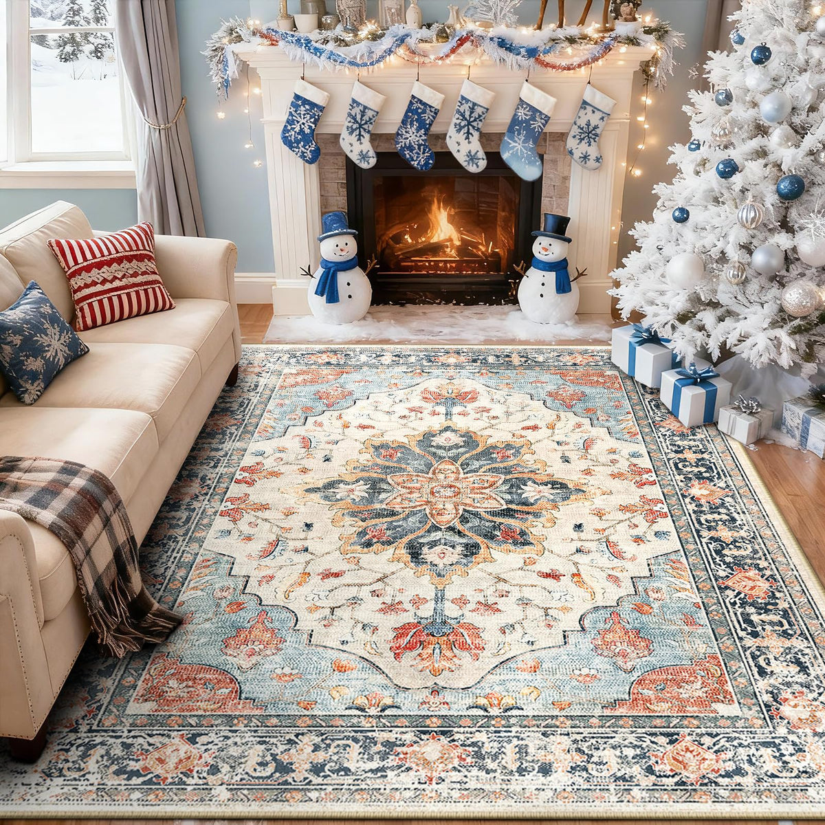 Washable Area Rug (Beige/Blue/Orange / 5' x 8' (Rectangular))