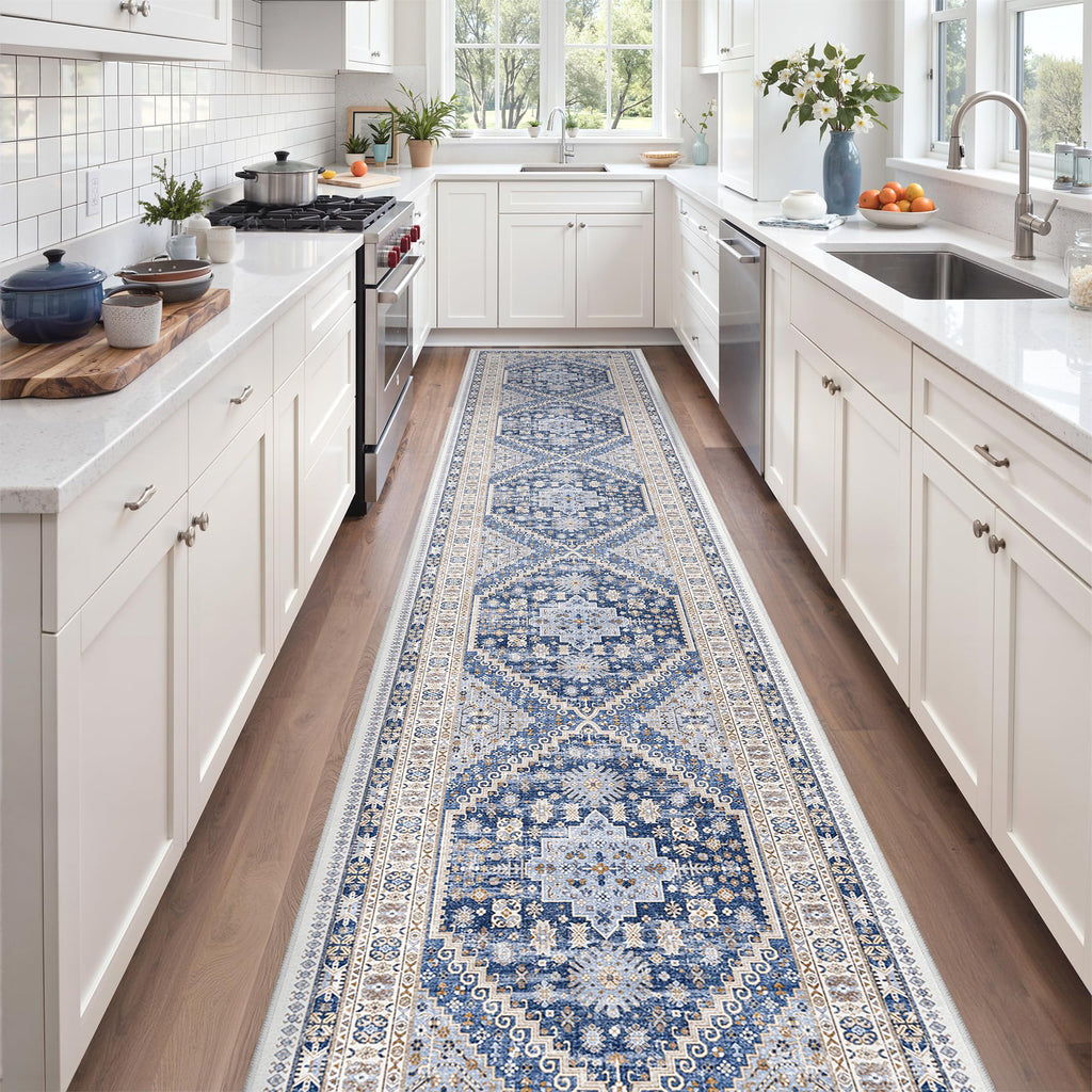 2'6 x 16' Runner Rug Non Slip (Blue/Beige / 2'6" x 16' (Runner))