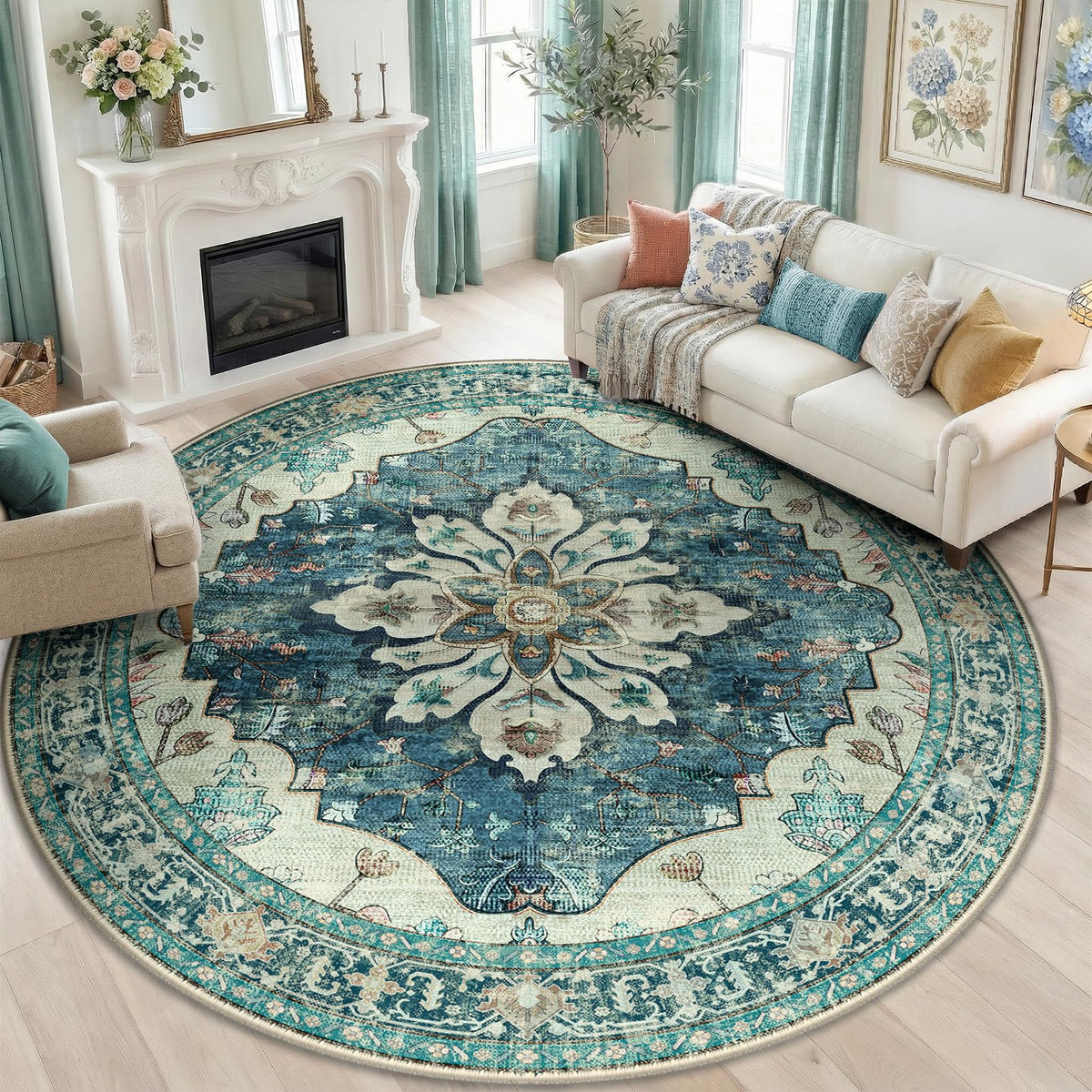 Washable Area Rug (Blue/Vintage Dark Blue / 8' (Round))
