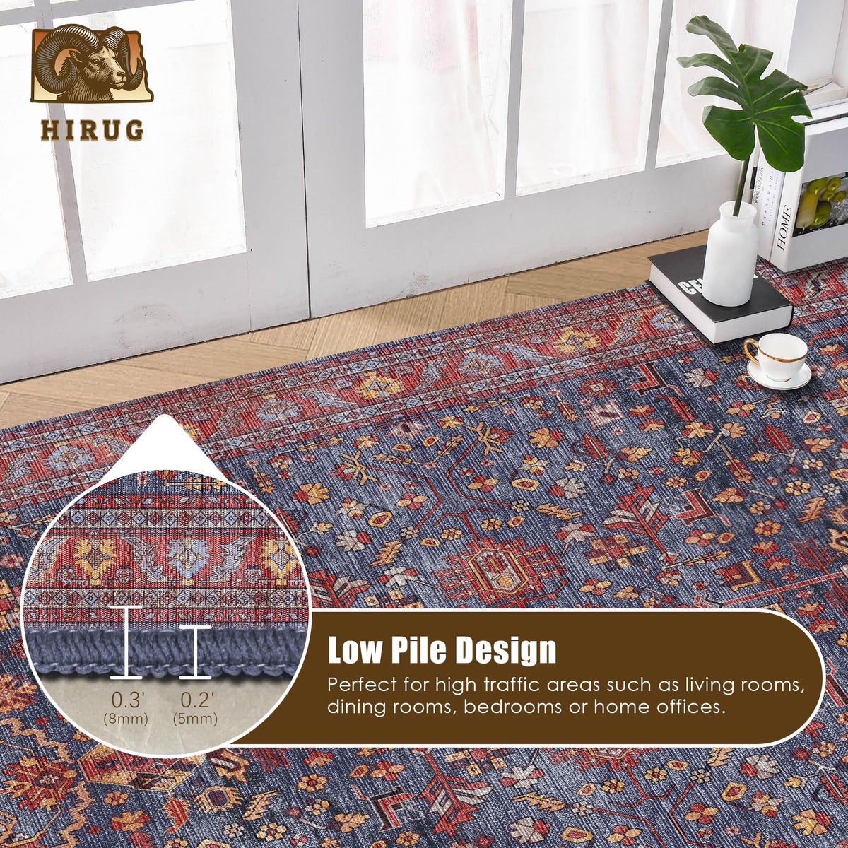 Washable Area Rug 8' x 10' Vintage Traditional Persian Mat (Indigo and Crimson / 8' x 10' (Rectangular))