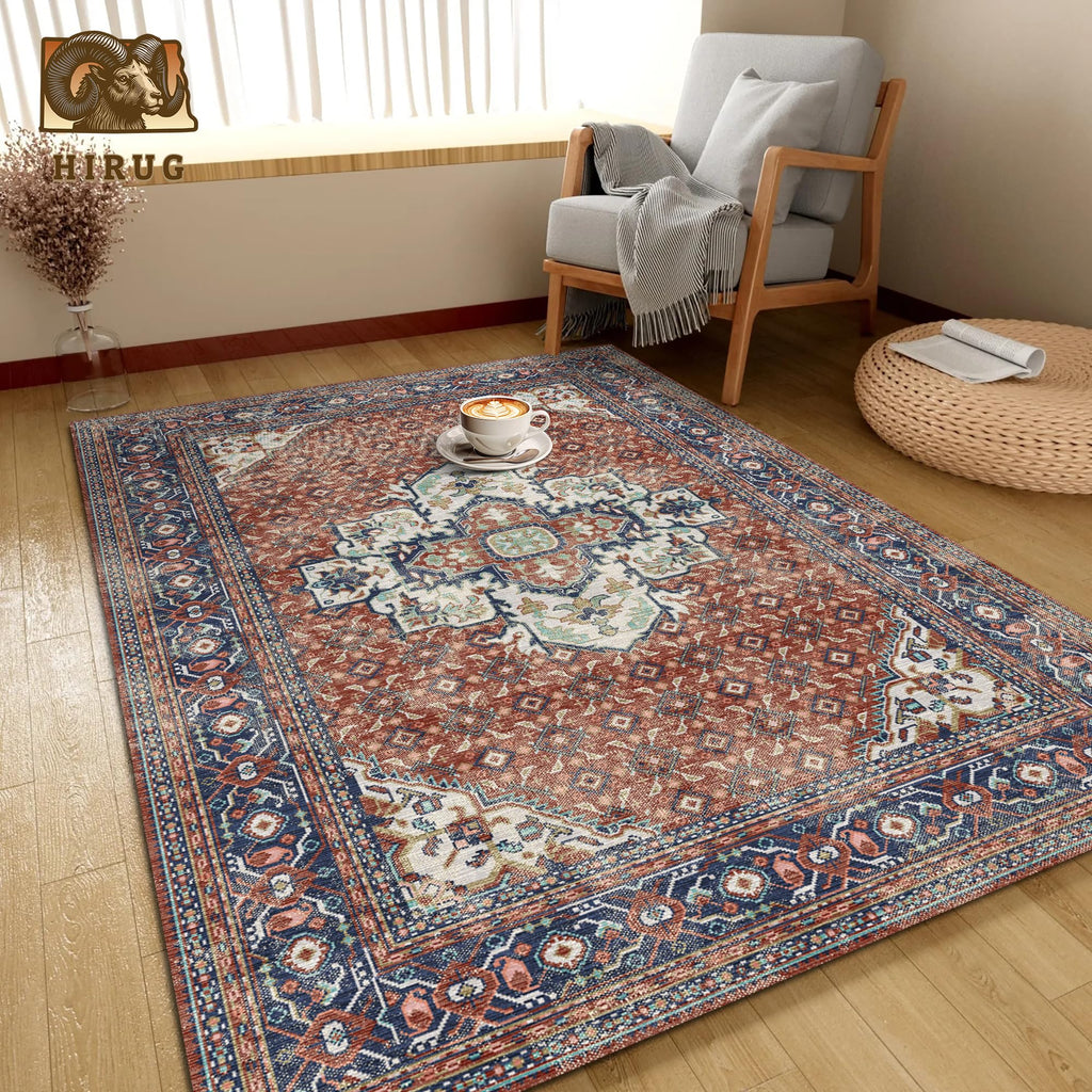 Washable Area Rug 9' x 12' Vintage Traditional Persian Mat (Terracotta and Navy / 9' x 12' (Rectangular))