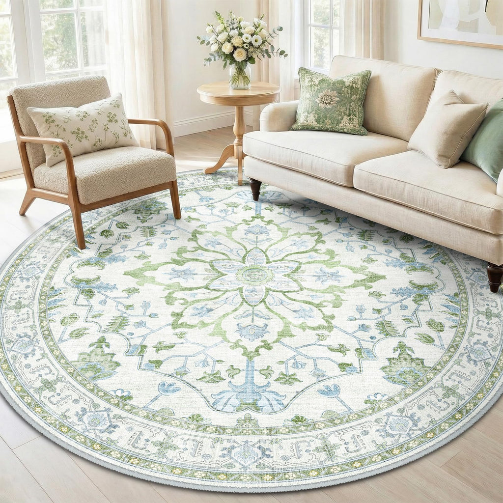 Washable Area Rug (Green/White/Blue / 6' (Round))